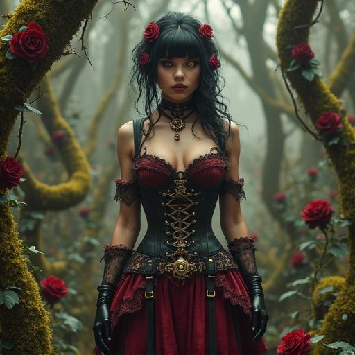 Gothic steampunk girl in dense jungle. She wears a leather velvet skirt with lace trim. Corset has brass ribs with engraved buckles. Crimson roses bloom from mechanical vines on her. Her eyes glow amber under lace veil. Hair pinned with cogs and petals. Jungle has steam vents and twisted metal trees.