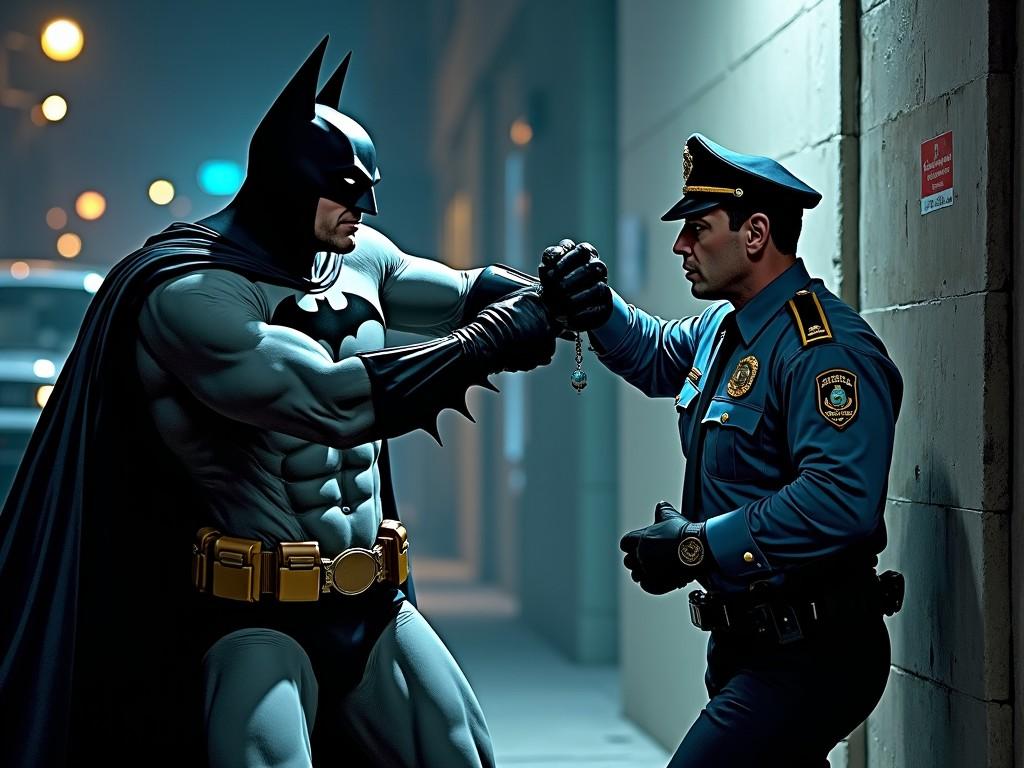 The image depicts Batman engaged in a physical confrontation with a police officer. Batman, clad in a dark, muscular costume with a cape and emblem, punches the officer, showcasing their intense struggle. The police officer, wearing a blue uniform and a badge, is grappling with Batman. The background is dimly lit, enhancing the drama of the scene with shadows and soft light highlighting the characters. There are urban elements visible, suggesting a gritty city environment.