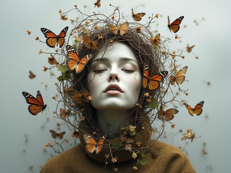 Serene expression with butterflies and natural elements surrounding the face. Art piece blending nature with sculpture. Soft grey background enhances tranquil mood.