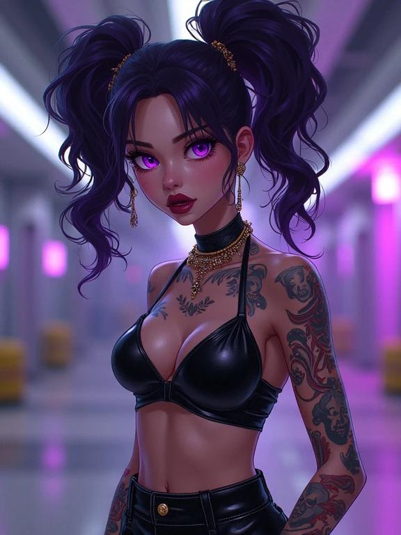 Anime character in a futuristic setting with amethyst purple eyes. Woman has a serious expression. Dressed in edgy Chanel printed streetwear. Featuring purple curly pigtails and traditional Yakuza tattoos. Set in a modern illegal drug factory building.