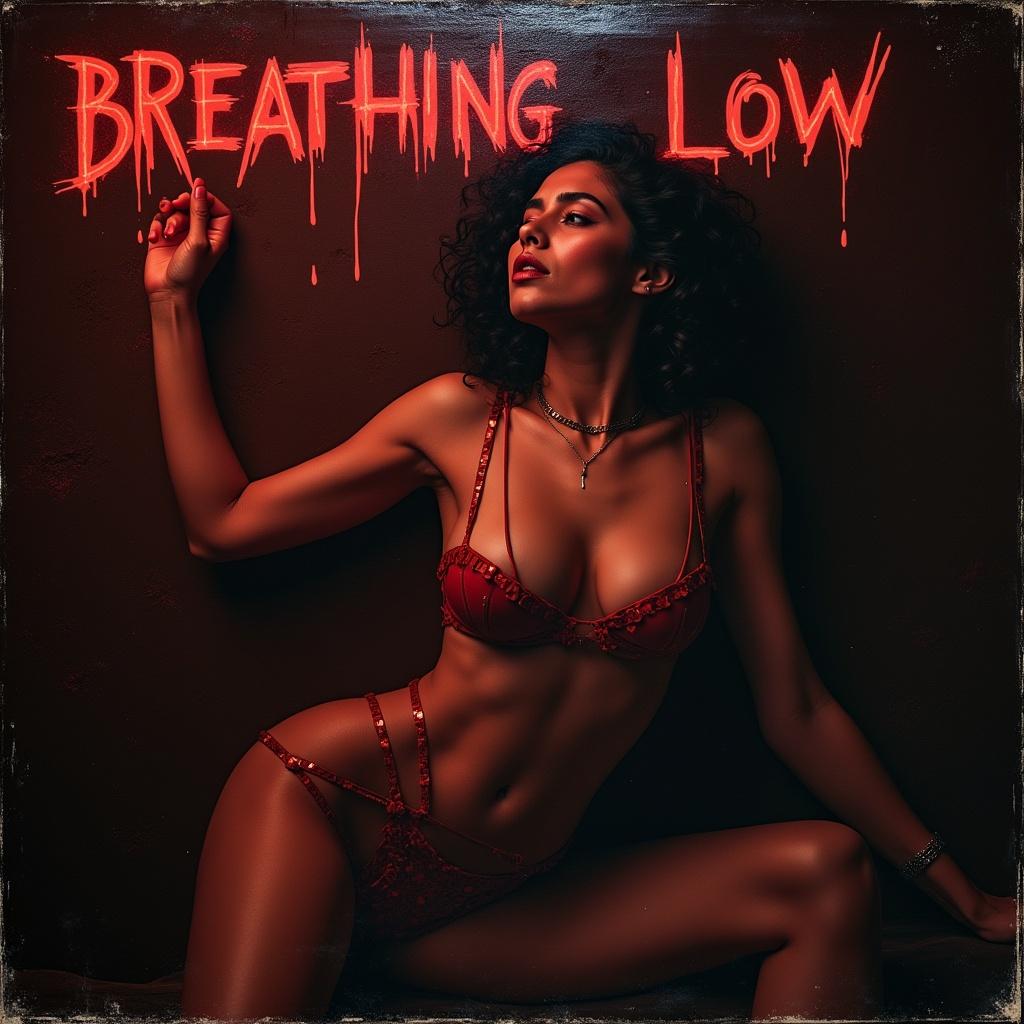 A dark captivating scene features a woman in a red lingerie set. She poses sensually against a dark background. The album title 'Breathing Low' appears in dripping red letters above her.
