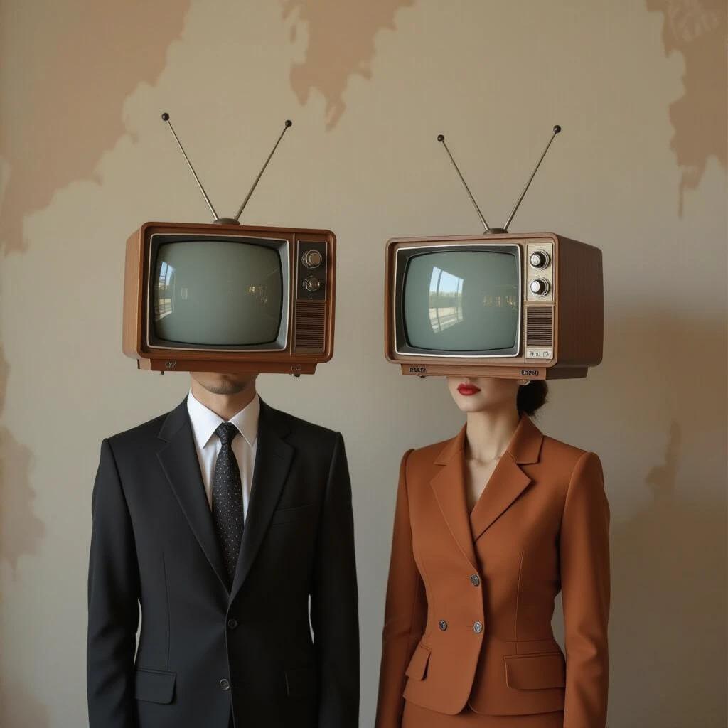 Image features two figures with vintage television heads dressed in formal attire. Setting has a weathered wall with a misty background. Figures represent a surreal mix of technology and humanity. One figure in black suit and bow tie, the other in brown dress. Overall look is nostalgic and elegant, highlighted by cool blue-green tones.
