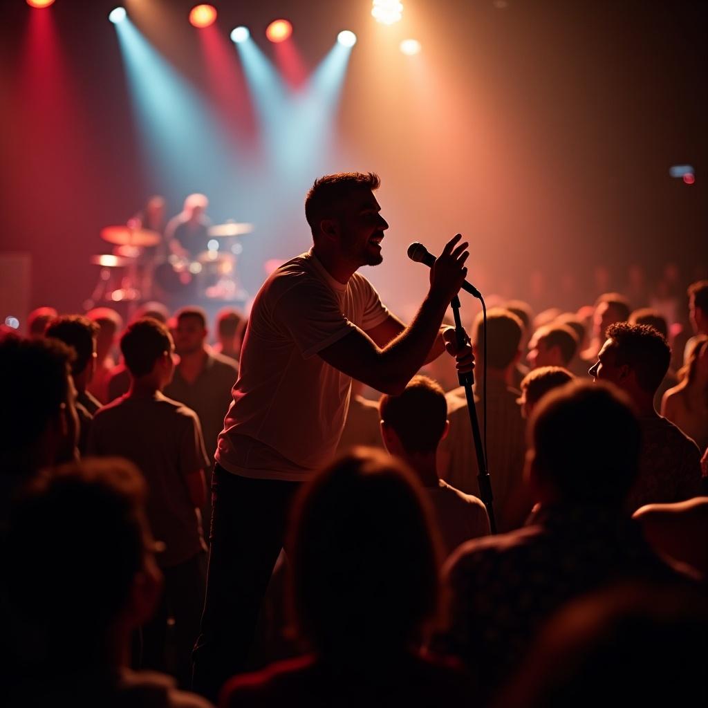 A performer passionately singing on stage amid a lively crowd. The atmosphere is electric, filled with the excitement of the audience. Stage lights in shades of red and blue highlight the singer, creating a dramatic effect. The crowd is engaged, with heads turned towards the performer. This scene captures the essence of a live music event and the connection between the artist and their fans.