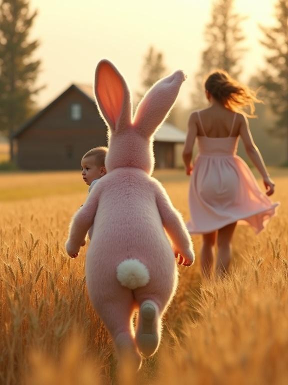 Human-sized pink rabbit carries baby on back. They walk through golden wheat field. Rabbit has soft fur and upright ears. Baby is in white onesie and diaper, looking relaxed. Background shows wooden farmhouse and golden sky. Mother runs toward them in flowing dress, showing joy. Magical moment blends fantasy with rural beauty.