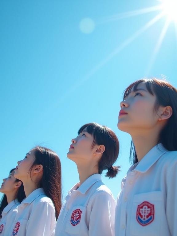 Low angle profile view of five Asian students looking up to the bright sunlight. Students wear white shirt uniforms. Right hands touch left chests where the school logo is printed. Bright lighting and blue sky. Scene evokes hope and commitment.