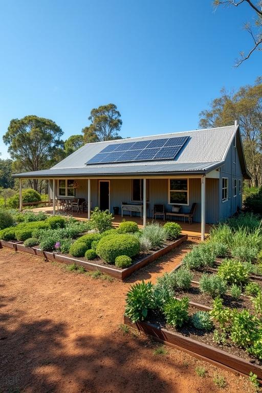 House located in Queensland features a corrugated metal roof. Surrounded by raised garden beds containing vegetables. Solar panels are mounted on the roof. Firebreak land clears around the homestead. In the background, the landscape features eucalyptus trees beneath a bright blue sky.