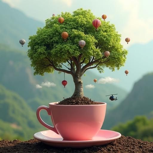 Whimsical surreal photomanipulation features a large vibrant tree growing from a pink teacup filled with rich soil. Miniature hot air balloons and a tiny helicopter fly among its leaves and nearby clouds. The blurred mountainous landscape creates a dreamlike fantasy scene. Hyper-detailed imagery portrays playful scale.