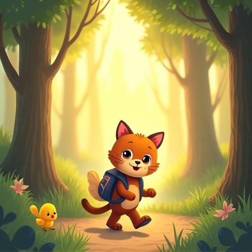 Vertical poster design for children's puppet show. Magical forest in background. Warm colors and gentle sunlight. Cute puppet-style cat in center with backpack. Cat walks on forest path. Small yellow chick follows. Circular stamp shape on side. Playful and inviting design for kids. No text.