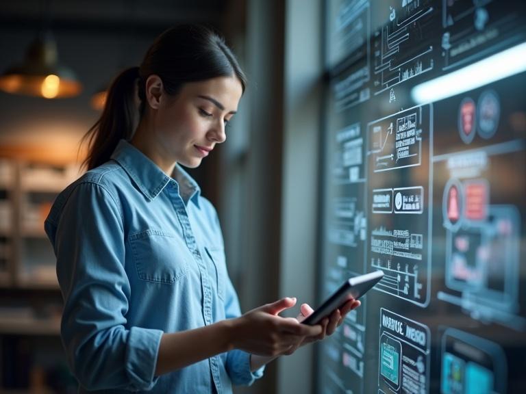 A small business owner stands in front of a digital wall. She is using a tablet to interact with AI tools. Data analytics and chatbots are visible in the background. A modern workspace atmosphere is created with soft indoor lighting.