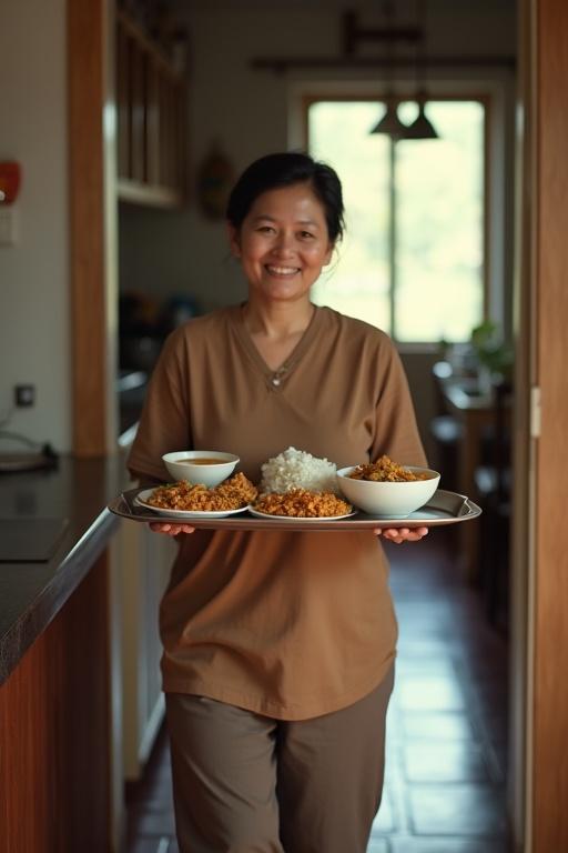 A mother carries a tray of food from the kitchen to the dining room. She is wearing simple home clothes. Her expression is gentle and loving. The tray includes soup, rice, and Indonesian side dishes. The background features a modest Indonesian home with natural light.