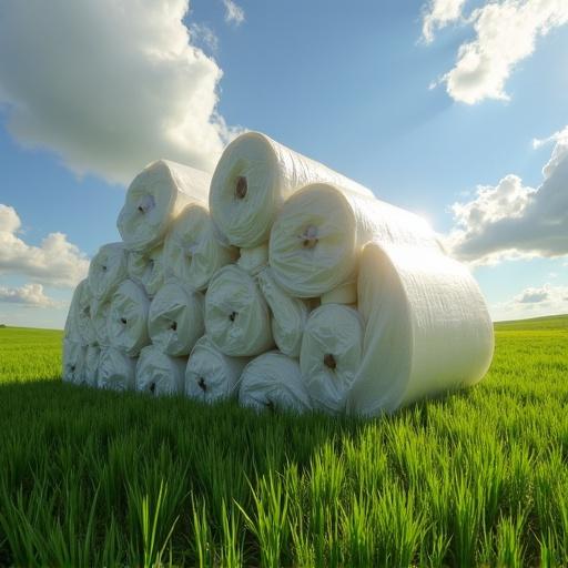 Rolls of silage wrap film stacked in a green field under a blue sky with fluffy clouds.