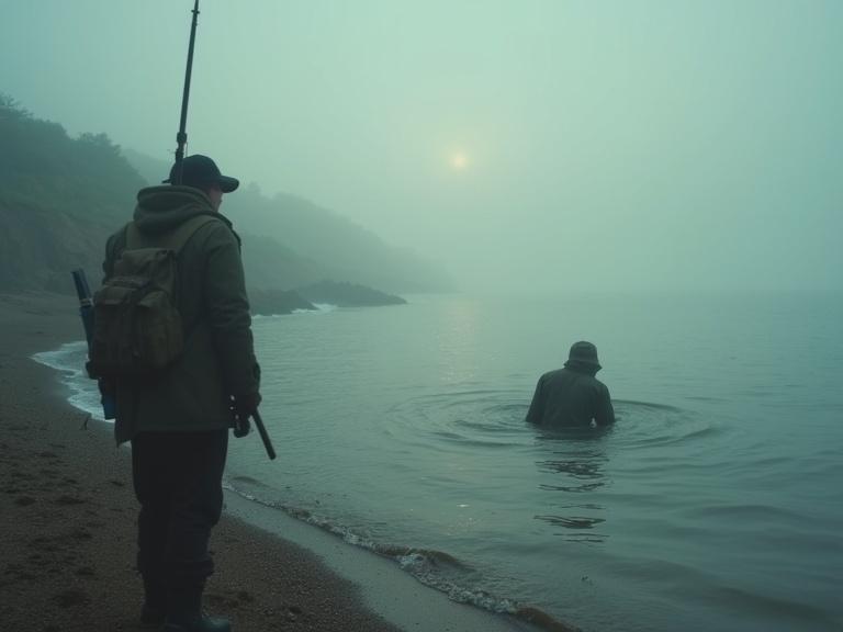Misty dawn at a lonely Spanish beach. Lifeless body in British uniform floats. Fisherman observes in fear. Cold tones and fog cover the scene.