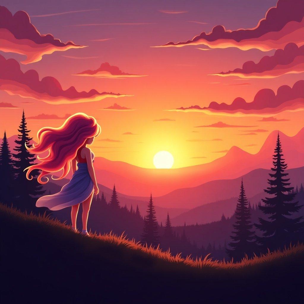 A girl stands on a hill overlooking a vibrant sunset. The sky is filled with hues of orange, pink, and purple. Dense evergreen trees are visible in the foreground, and mountains are in the distance. The girl has long flowing hair and wears a light dress.