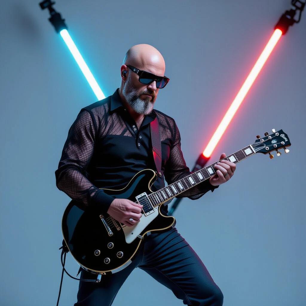 Image of a bald guitarist playing a black electric guitar. He wears dark sunglasses and a black mesh shirt with dark blue pants. Background features two neon light beams in red and blue.