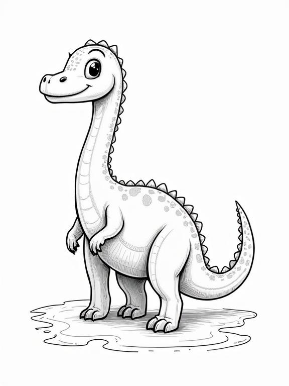 Coloring page of a cartoon Diplodocus for children. The dinosaur is depicted in a friendly style and standing in a playful pose.