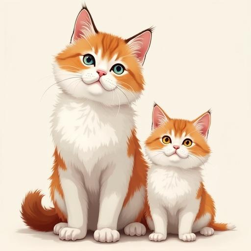 Draw two Norwegian cats. One is one year old with yellow eyes; the other is two years old with blue eyes. Both have orange foreheads and white bodies. High resolution image.