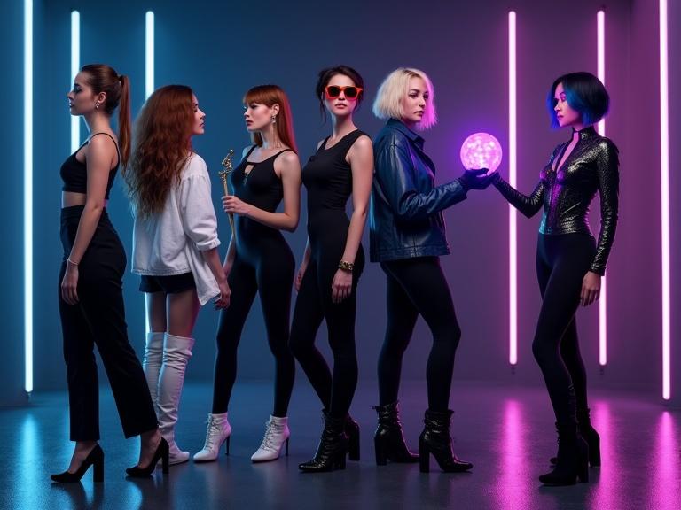 Realistic live action image of a female fashion music group. Fit slim pale women in tight black pants and tank top with long ponytail. A tall mixed race woman with golden earrings and huge curly hair wearing sunglasses and a short tight skirt. Short platinum blonde woman with pigtails wearing knee-high white boots and a black dress holding a glowing sphere. A tall woman in black spandex bodysuit and metallic accessories. A woman in a black bodysuit and leather jacket with slicked hair. Dark background with colorful spotlights. Shiny smooth floor with reflections.