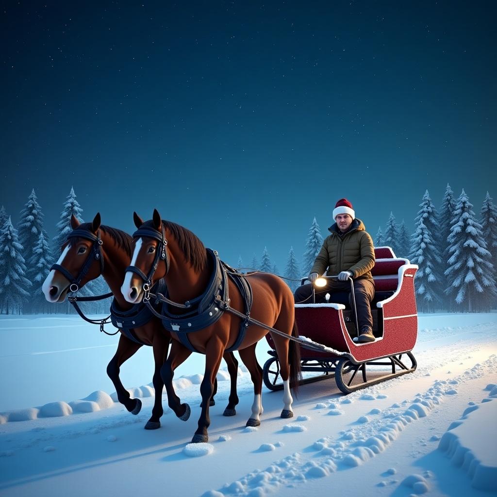 A sleigh is pulled by two horses in a snowy landscape. The scene is at night with stars illuminating the sky.