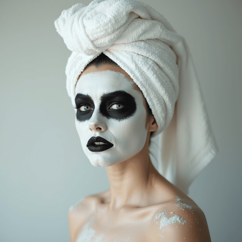 A person with dramatic black and white makeup and a towel wrapped around their head.