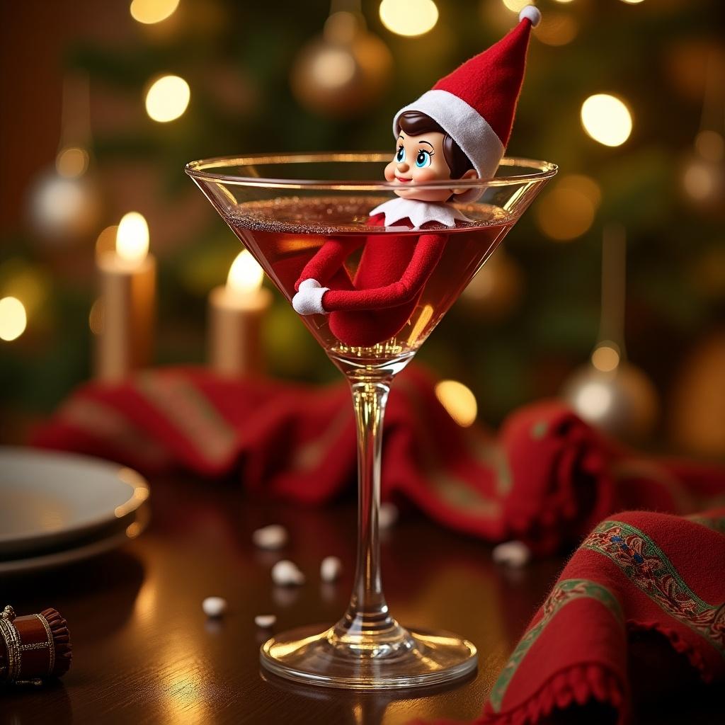 Elf on a shelf figure relaxing in a martini glass. Setting includes a warm, festive backdrop with Christmas lights and candles. A holiday-inspired tablecloth lies beneath.