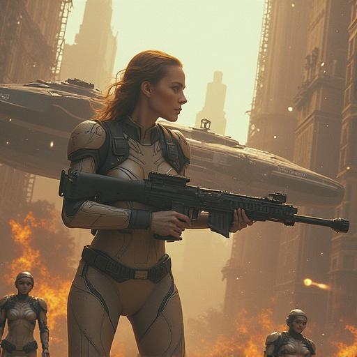 Many women in futuristic suits engage in a fight between large spaceships. They are caught in the middle of a chaotic crossfire, indicating a futuristic battle scene.