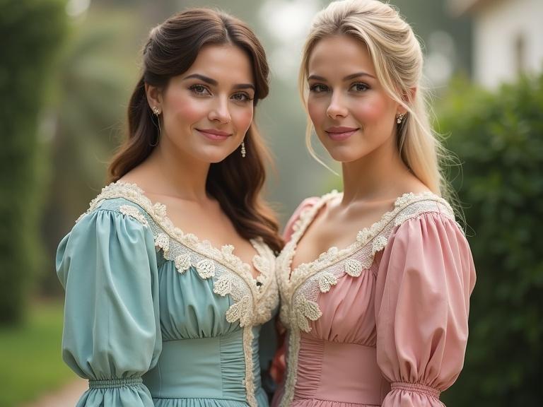 Photorealistic portrait featuring two women in elegant historical dresses. One woman wears light teal-blue with off-white lace trim. The other woman is dressed in a rose-colored gown. Both display gentle smiles and a warm demeanor. Background features lush greenery. Lighting is natural and soft focusing on skin tones, hair, and dress details. A classic and dreamy atmosphere