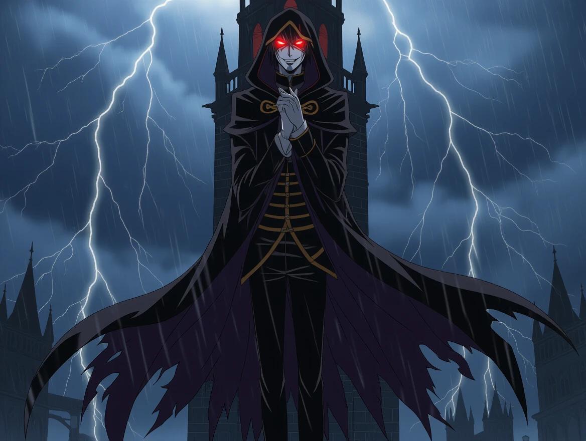 Dark anime male character stands alone at a gothic tower during a stormy night. Character has sharp red eyes glowing under a hood. Long, tattered cloak flows with wind and has gold accents. Character has a slim build and laughs maniacally with a tilted head. Dramatic lighting from lightning in the background. No weapons or speech bubbles. Focus on atmosphere and anime detail.