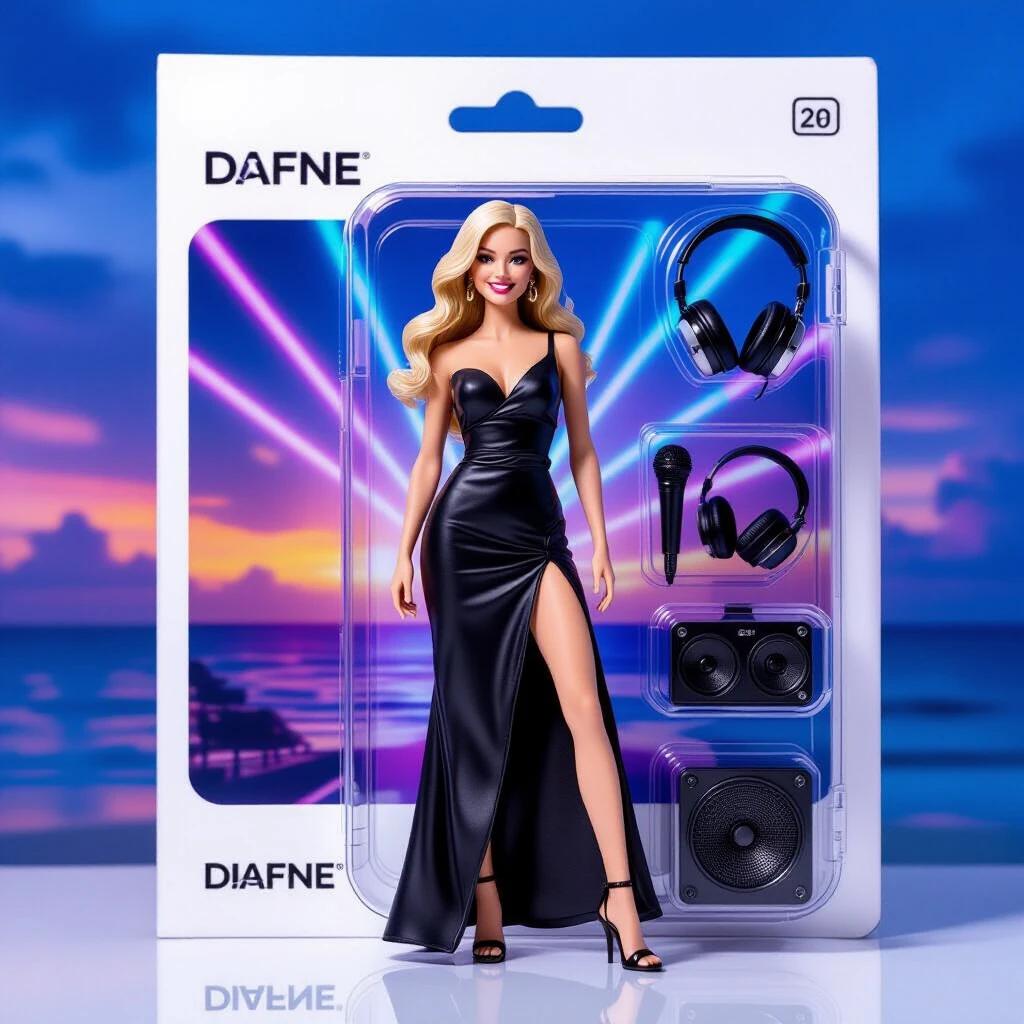 Diagonal view of a minimalist package labeled DAFNE. Transparent blister pack shows a collectible figure with fair skin and long blonde hair wearing a black dress. Accessories include headphones, microphone and speaker. Background features tropical beach at sunset and nightclub with neon lights. Logo printed on top with a blue vinyl icon.