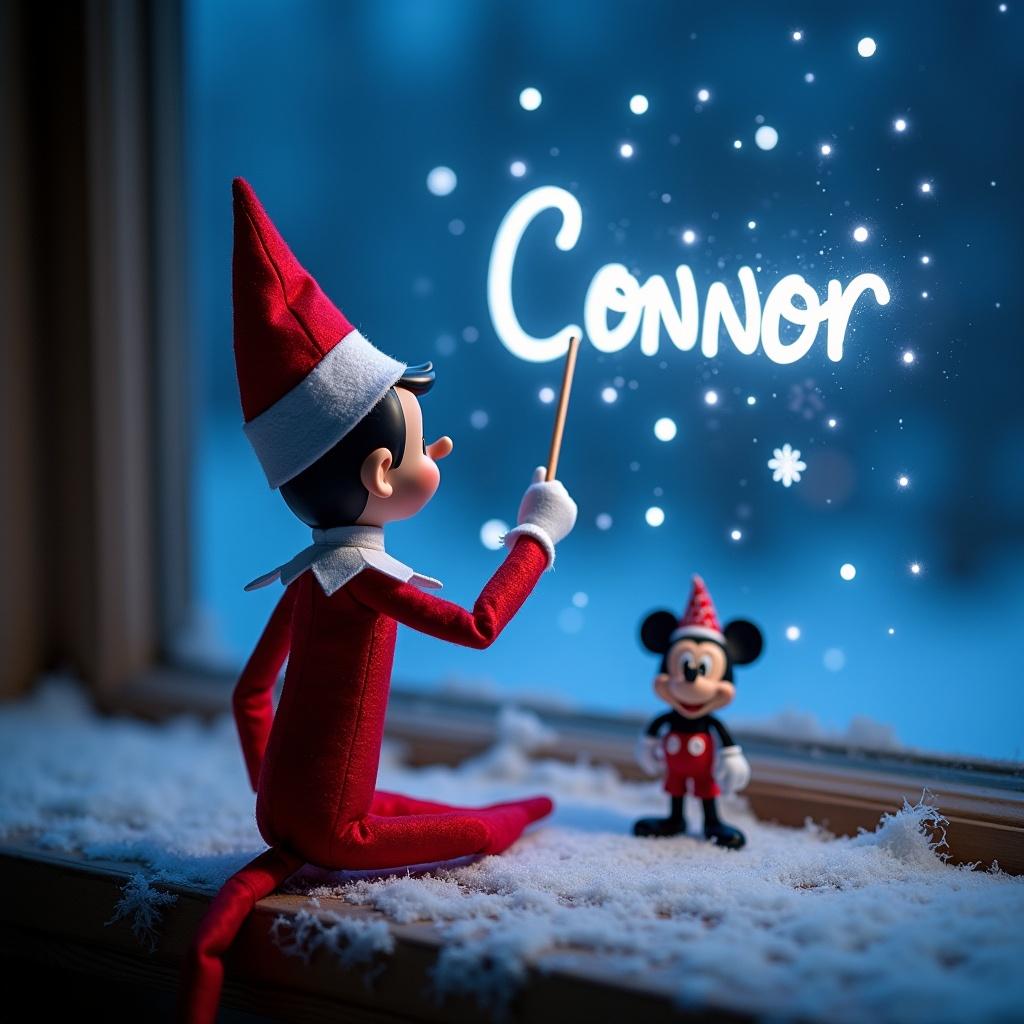 Elf on the shelf writing Connor in the sky with a wand. Magical Disney Christmas setting with Mickey Mouse in the background. The elf is seen from behind.