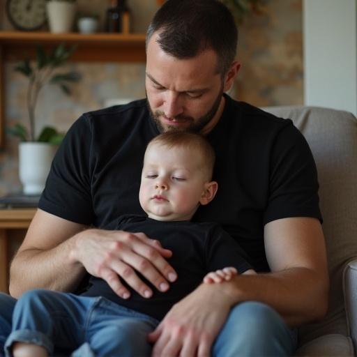 A father in a black t-shirt sits on a sofa holding his son. They rest in a cozy setting. Natural light enhances warmth and comfort. Ideal for a t-shirt mockup featuring family themes.