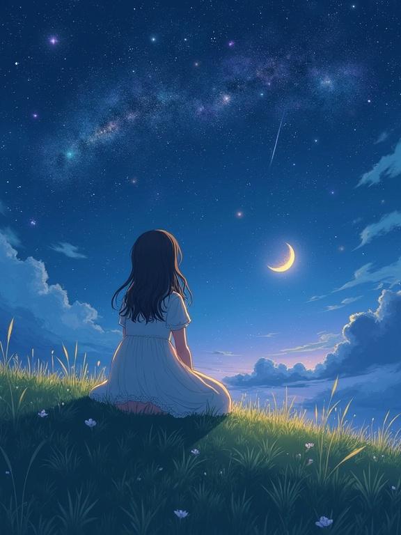 Anime-inspired scene depicts a young girl in a white Cotton dress sitting on grassy knoll. She gazes at the night sky filled with stars, galaxies, and a crescent moon. Soft hues of indigo and gold illuminate the landscape.