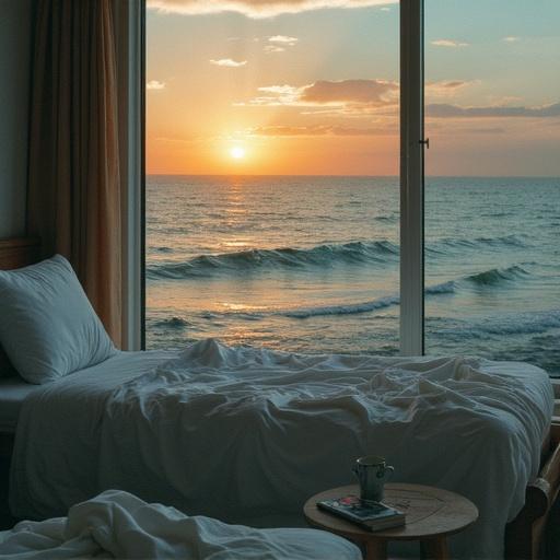 View from a room looking towards the ocean and sunrise. Cozy bed with white bedding. Table with a mug. Soft morning light fills the room.