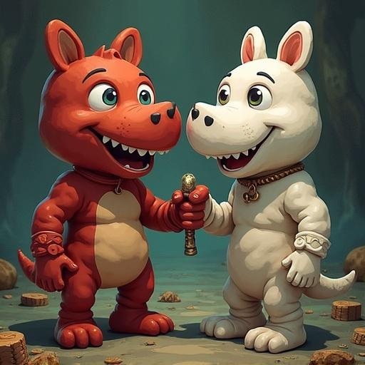 Two cartoon animal characters smiling and shaking hands. One character is red and resembles a fox. The other character is white and resembles a dog. The setting gives a whimsical feel.