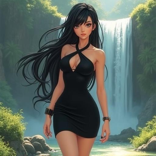 Image features a young woman with long black hair and light skin. She has a thin face and pointed chin. Dressed in a black halter dress, high-heeled sandals, and adorned with accessories. Set in a beautiful waterfall environment.