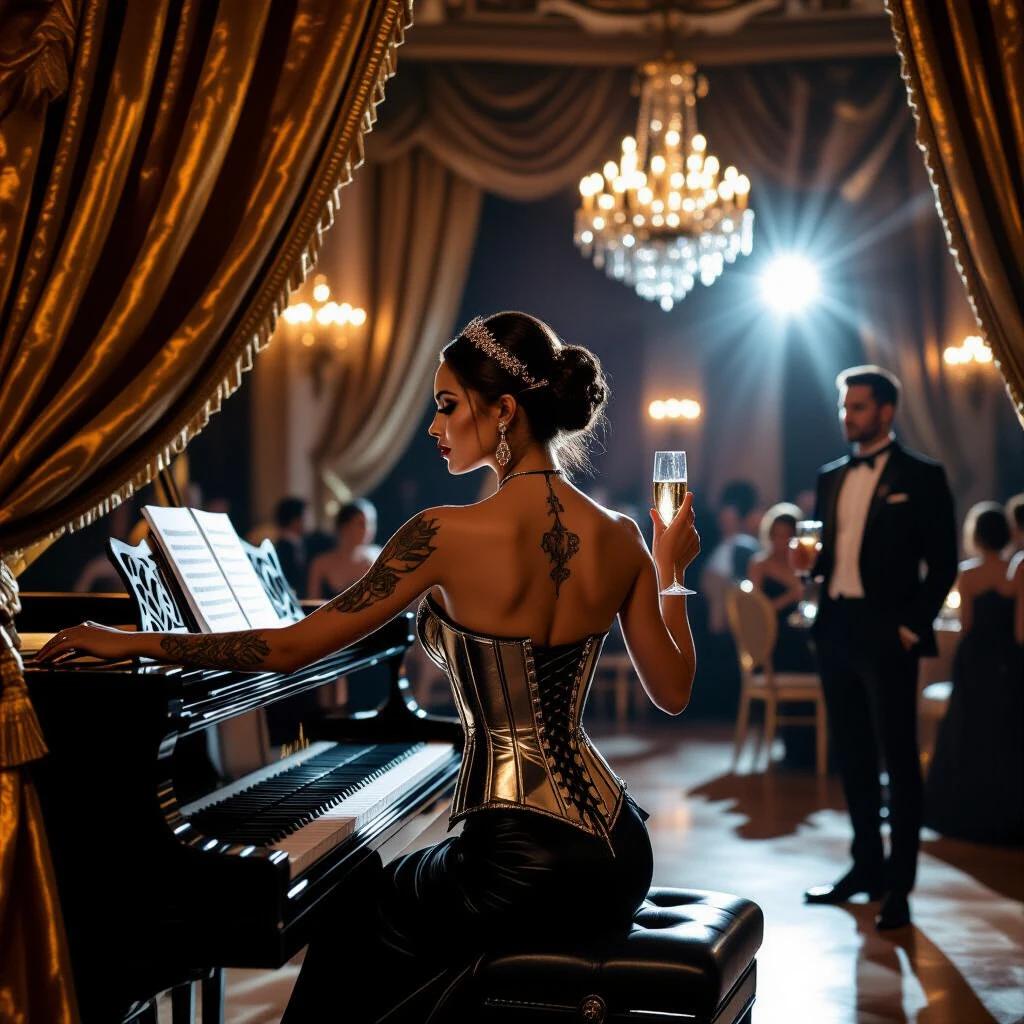 Scene in dimly lit ballroom. Dancer in metallic corset leans on piano. Gilded curtains frame the setting. Chandeliers illuminate the space. Man in suit stands quietly in shadows. Dancer holds champagne glass. Tattoos along spine are visible.