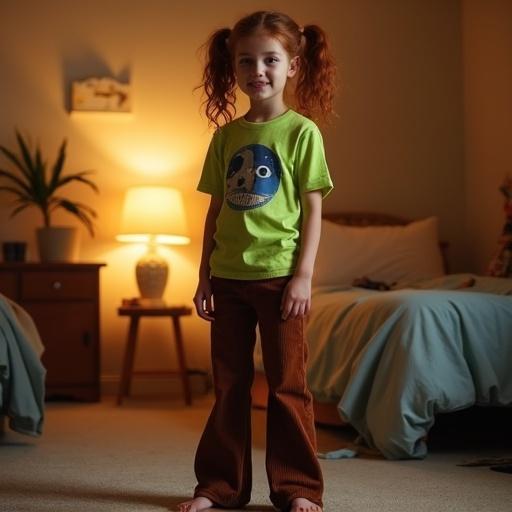 Photo of a bedroom setting with warm lighting. A girl stands barefoot on carpet with a smirk. She has messy dark red pigtails. The girl wears a lime-green t-shirt with a unique print. Long brown corduroy trousers are her bottom wear.