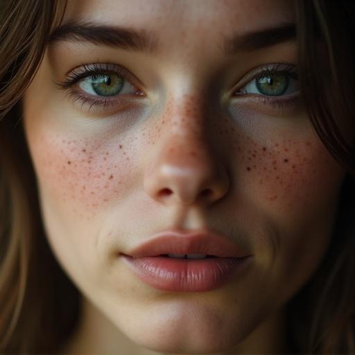 Extreme close-up of a young woman’s face capturing detailed features. Focus on small freckles and sharp details in the eyes. Framed from forehead to chin. Highlight skin texture and a subtle sensual smile. Use cinematic lighting and shallow depth of field for emphasis.