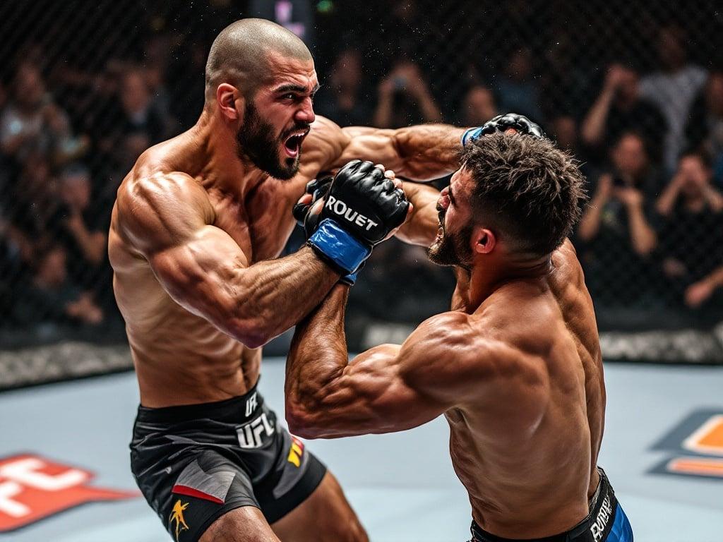 Action-packed scene in a UFC fight. Two fighters exchange powerful strikes in the octagon. One fighter throws a punch while the other prepares to receive it. The atmosphere is tense and dramatic. Captures the intensity of the match.