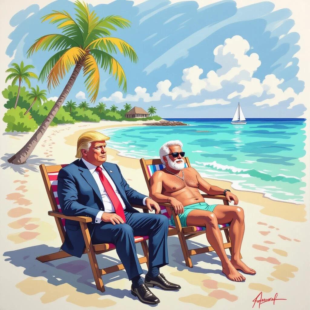 Crayon drawing depicting two figures seated on a beach. One figure in a business suit represents a prominent political figure. Another casual figure showcases a relaxed lifestyle. Tropical scenery features palm trees, sand, and ocean waves. Light-hearted appearance despite serious undertones.