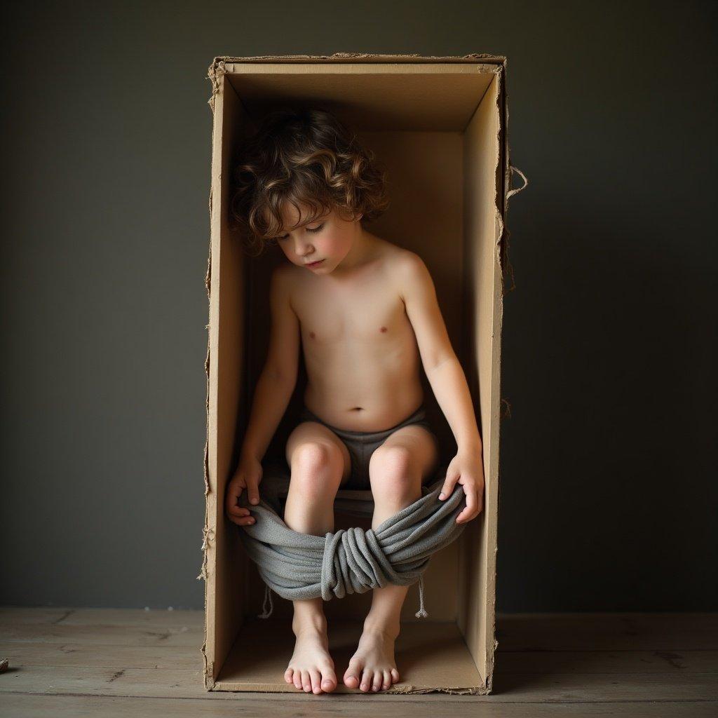 A full body teenager boy in a box tied up on the feet and hands. Artistic representation about confinement and emotions.