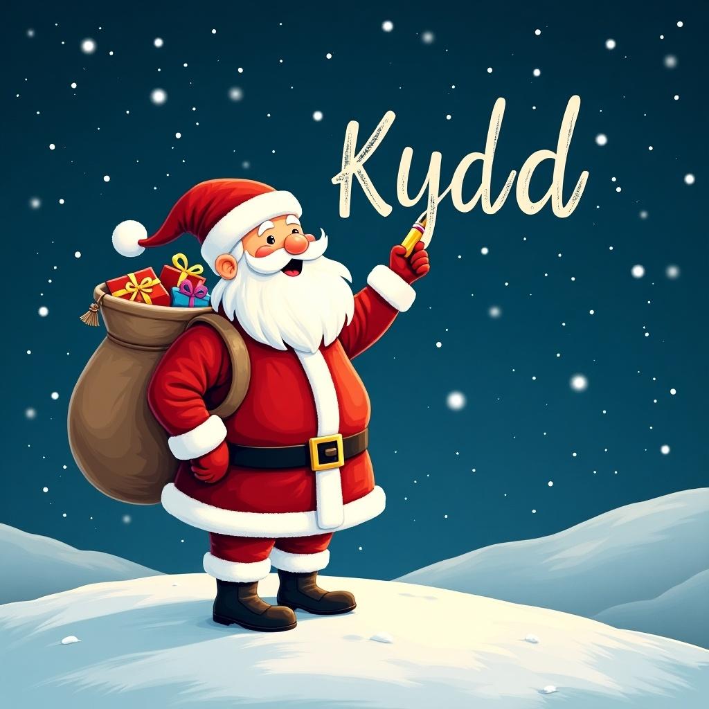 Santa Claus standing on a snowy hill under a starry sky. Writing names in the sky using a pencil. Dressed in red and white with a large sack of gifts on his back. The name 'Kydd' in whimsical font.