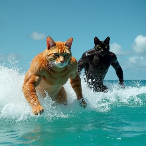 Ultra-realistic photo of anthropomorphic bodybuilder cats swimming in tropical sea. Muscular orange tabby and black cat wear swim briefs. They swim through gentle waves. Sunlight glistens on their muscles. One cat swims perfectly while the other dives.