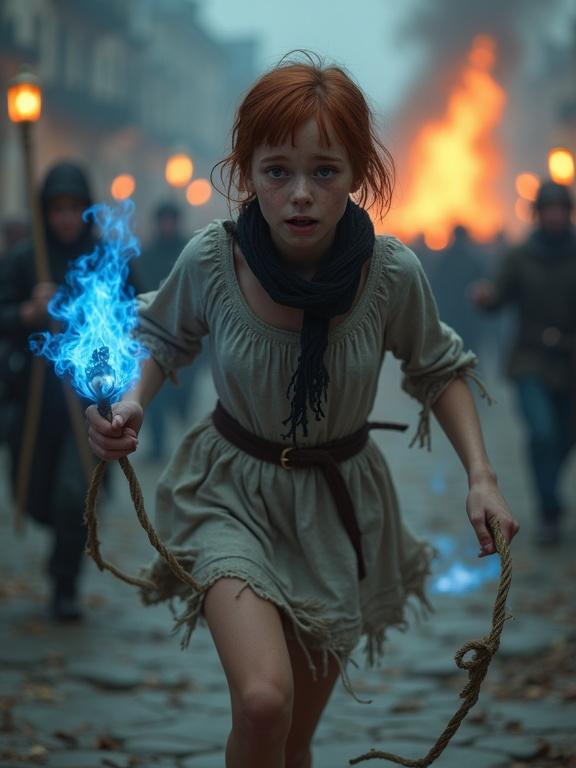Photorealistic image of a frightened teen girl running. She has short auburn hair and pale blue eyes. The girl is barefoot, wearing a torn dress. Her wrists have torn ropes. A black scarf is around her neck. She holds a magical blue flame. In the background, rioters chase her, and there's a burning gallows.