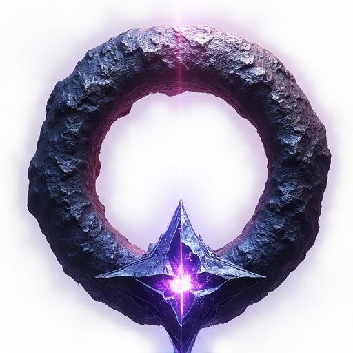 Ring made of dark meteoritic metal. Central gem is a jagged glowing starmatter. No background, transparent background.
