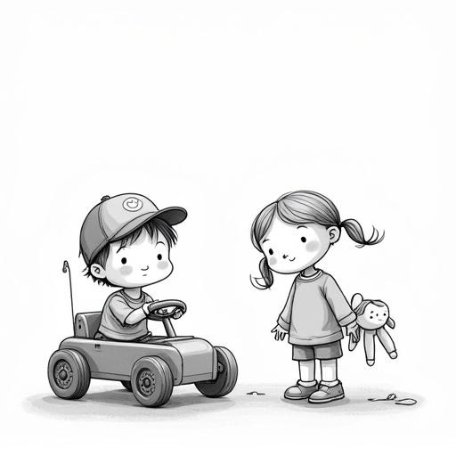 Children’s drawing. Little boy with baseball cap and propeller. Sits in a homemade soapbox kart. Next to kart stands little girl with pigtails. Girl has floppy doll in one hand dragging across floor. Outline is crisp and closed. Drawing on transparent background.