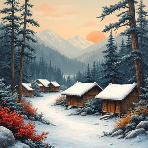 Landscape oil painting featuring vintage village huts and a snowy forest. Pine trees surround wooden huts under a colorful sunset. Vivid flowers add color to the landscape. Explore decoration ideas inspired by Japanese art.