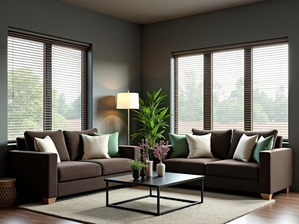 This is a spacious and modern living room with a minimalist design. There are large windows with horizontal blinds, allowing natural light to filter in. The walls are painted in a dark shade, creating a cozy atmosphere. Two dark brown couches are situated around a stylish black coffee table. Decorative pillows in soft tones of green and cream give a touch of color to the seating area. A potted plant and a vase with tropical flowers are displayed on the coffee table, adding a touch of nature. In the corner, there is a stylish floor lamp providing additional lighting.