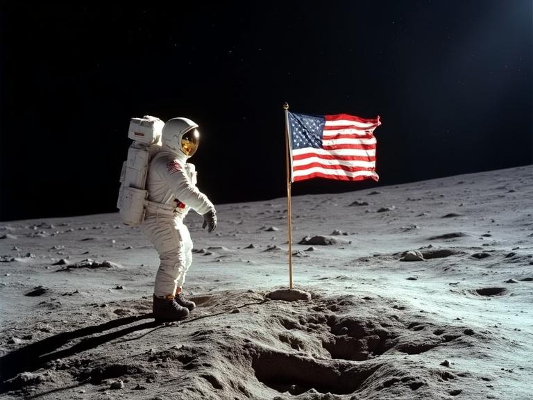 Astronaut stands beside an American flag on the lunar surface. The moon's gray landscape surrounds the astronaut, showcasing shadows and bright sunlight. This image represents space exploration and human achievement in science.