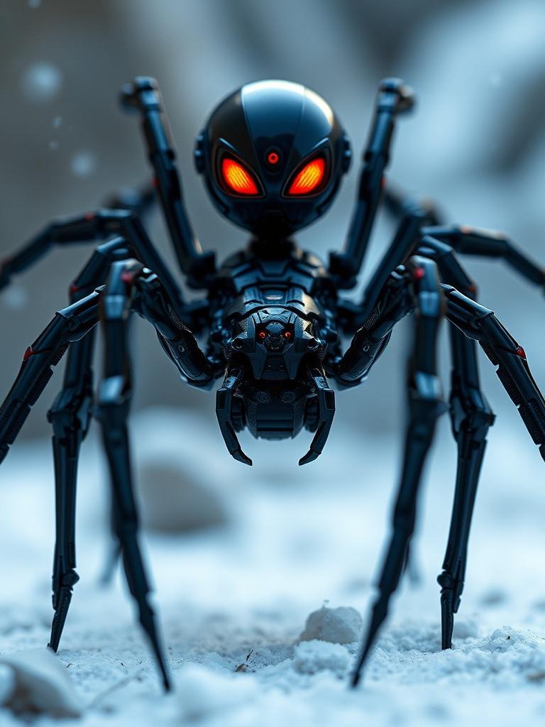 A high-tech robotic spider is depicted, standing against a snowy, blurred background. The spider is sleek and black with glowing red eyes, giving it an intimidating and futuristic appearance. The mechanical details on its body are intricate, emphasizing a sense of advanced technology and artificial intelligence.