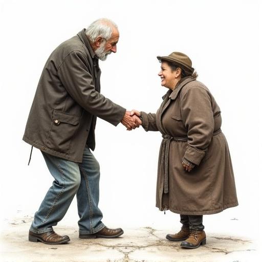 Full body view features two elderly characters, a thin man and a robust woman, shaking hands. The scene is set against a white background. Focus on the emotional expression and dynamic interaction between them. Realistic color pencil drawing showcasing incredible detail and high contrast. Energetic poses convey a storytelling aspect.